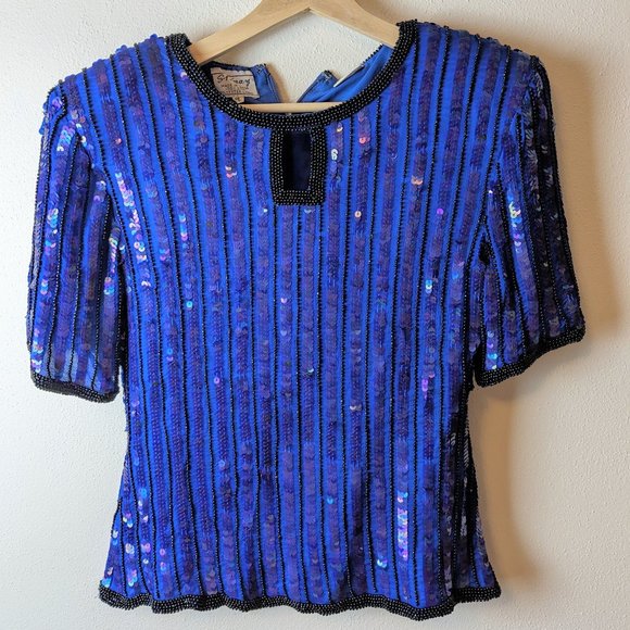 Vintage Stenay Blue Silk Sequined Top Size PL - Picture 1 of 7